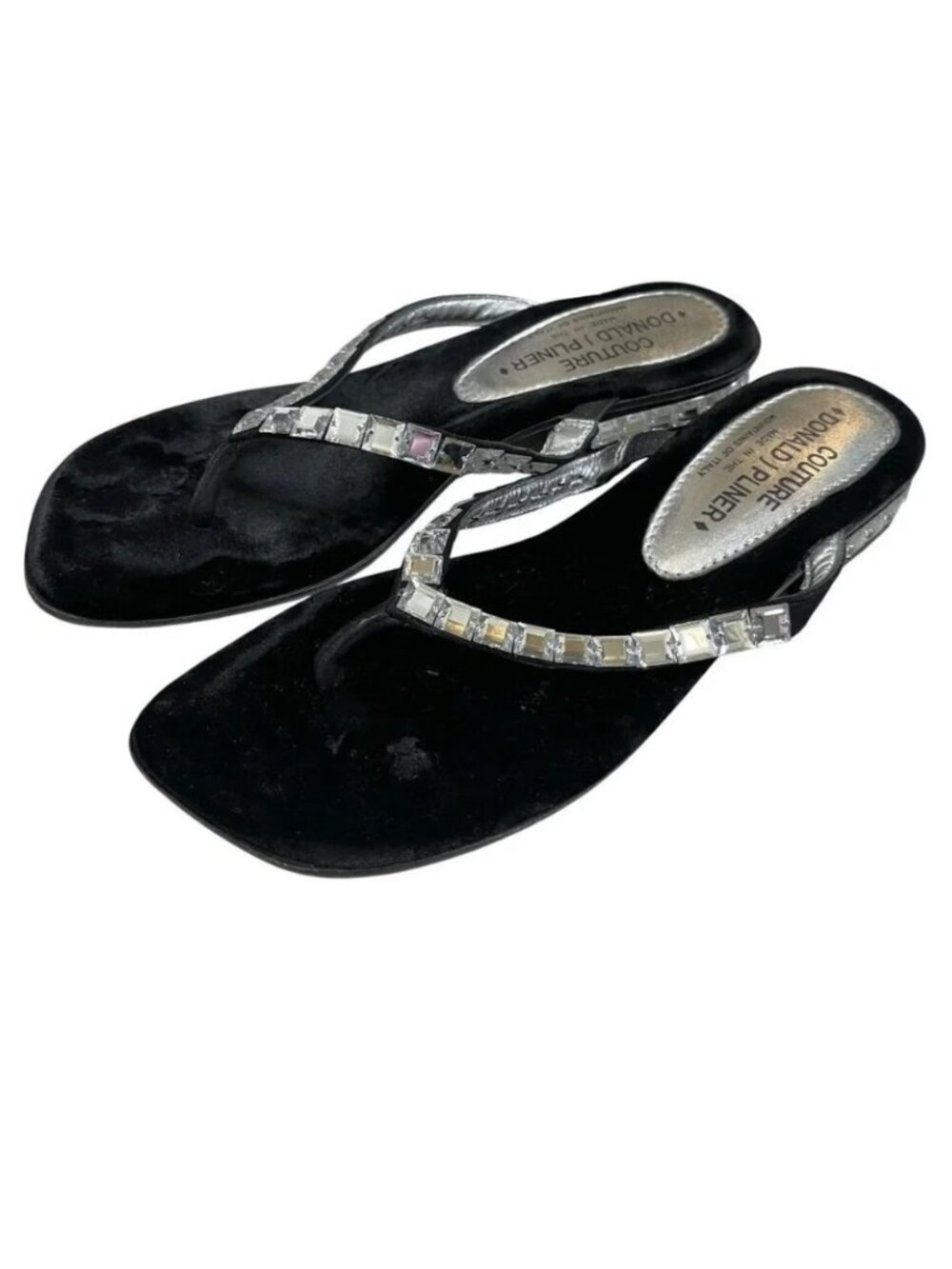Donald J Pliner Black Velvet Rhinestone Sandals Size 8 M Embellished Thongs